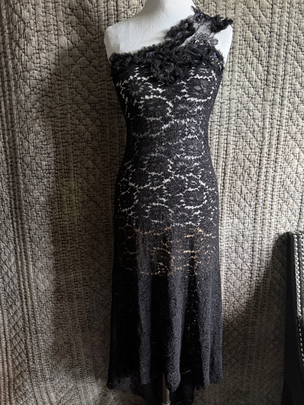 One-Shoulder Black French Lace Dress with Floral Appliqué very stretchy.